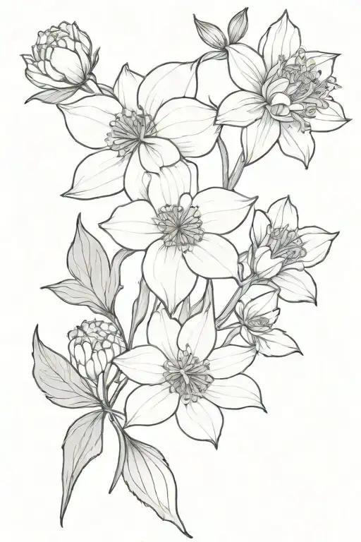 Delicate black and grey flower tattoo intertwined: larkspur, narcissus, carnation and chrysanthemum simple tattoo design idea