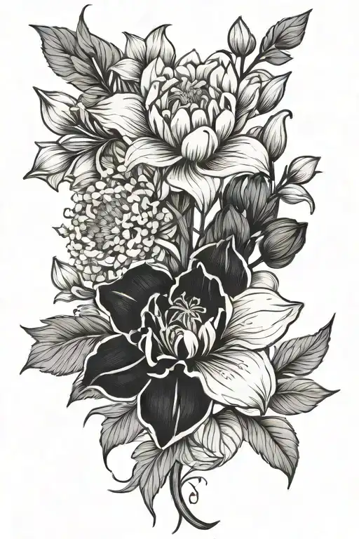 Delicate black and grey flower tattoo intertwined: larkspur, narcissus, carnation and chrysanthemum simple tattoo design idea