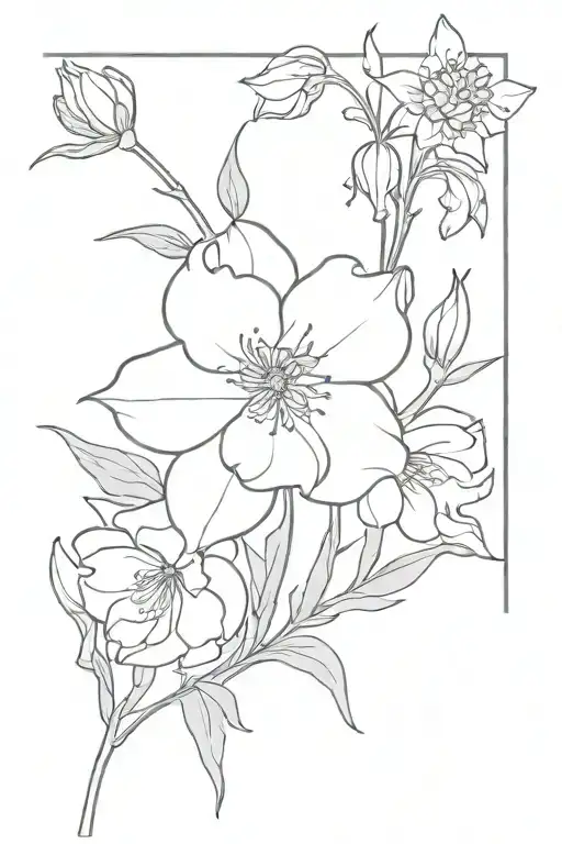 Delicate black and grey flower tattoo intertwined: larkspur, narcissus, carnation and chrysanthemum simple tattoo design idea