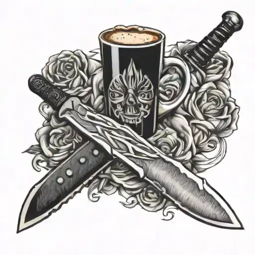 Bowie knife cigarettes coffee cup surrounded tattoo design idea