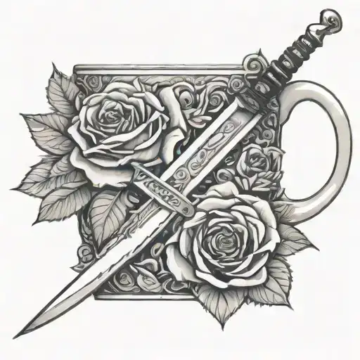Bowie knife rose cigarette coffee cup surrounded tattoo design idea