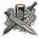 Bowie knife cigarettes coffee cup surrounded tattoo design idea