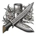 Bowie knife cigarettes coffee cup surrounded tattoo design idea