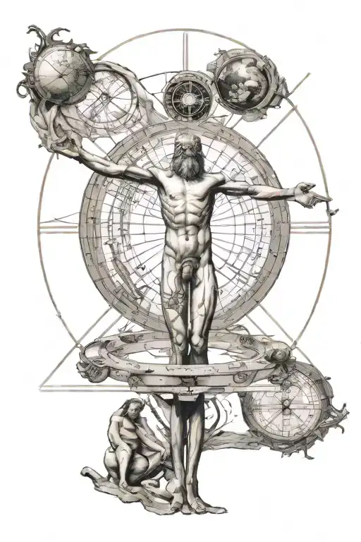I want the grecque Atlas holding the Vitruvian Man. Around the Vitruvian Man, I want to depict a horoscope calendar.  tattoo design idea