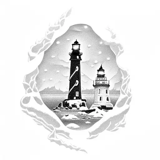 A blackwork tattoo of a lighthouse on a snowy cliff overlooking a frozen lake tattoo design idea