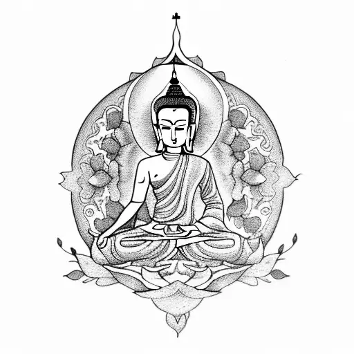 A tattoo blending religious and nature imagery, showcasing a serene landscape with a meditating Buddha surrounded by blooming lotus flowers tattoo design idea