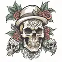 skull and roses with dice, marijuana leaf, and smoke tattoo design idea