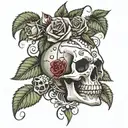 skull and roses with dice, marijuana leaf, and smoke tattoo design idea