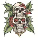 skull and roses with dice, marijuana leaf, and smoke tattoo design idea