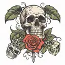skull and roses with dice, marijuana leaf, and smoke tattoo design idea