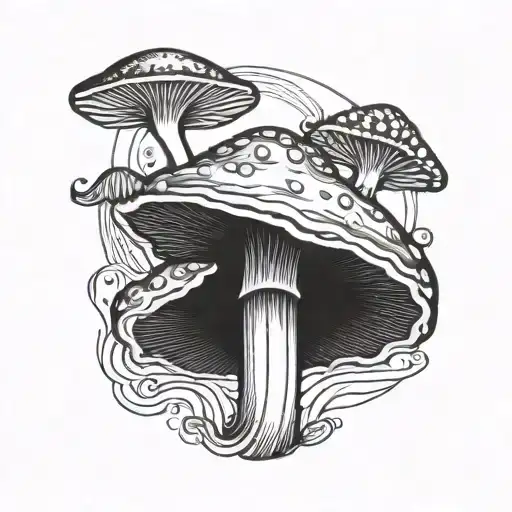 A blackwork tattoo of a psychedelic mushroom morphing into a Clutch logo tattoo design idea