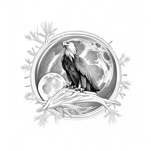A majestic eagle perched on a tree branch with a full moon in the background tattoo design idea