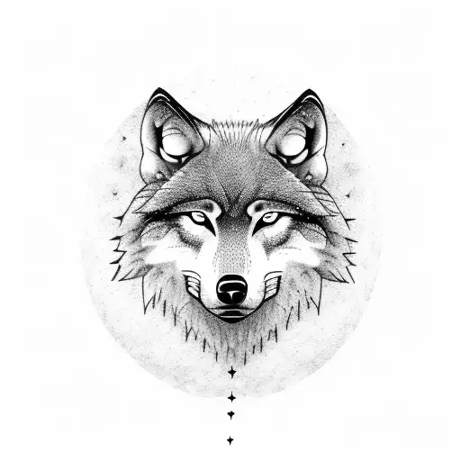 A majestic wolf perched on a tree branch with a full moon in the background tattoo design idea