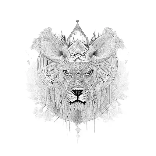 indio con piel de león y fondo de bosque tattoo design idea