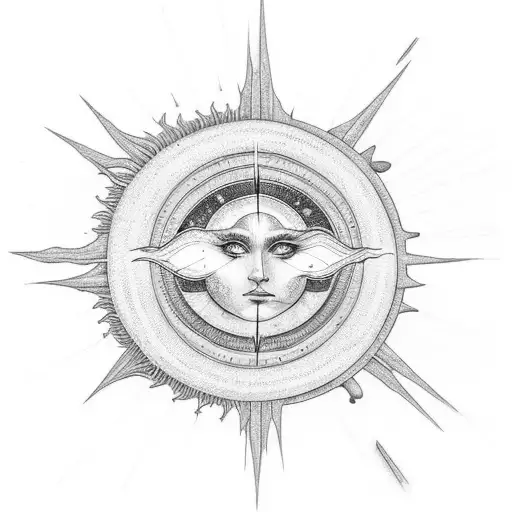 A celestial scene featuring a sun and moon with a dark, moody twist tattoo design idea