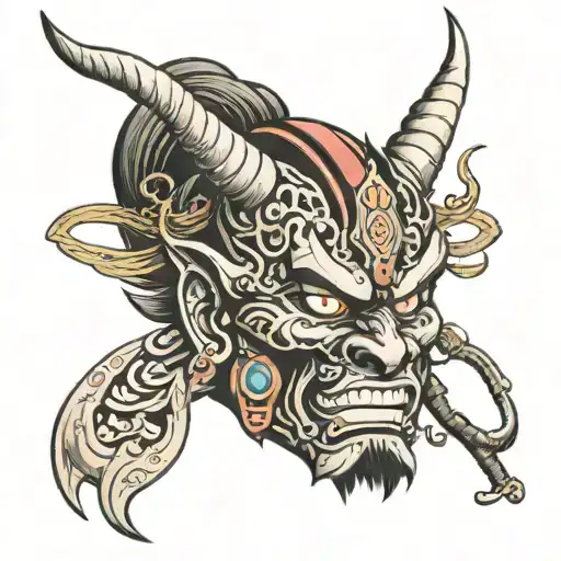 Samurai , Japanese style , Oni mask surrounded tattoo design idea