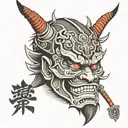 Samurai , Japanese style , Oni mask surrounded tattoo design idea