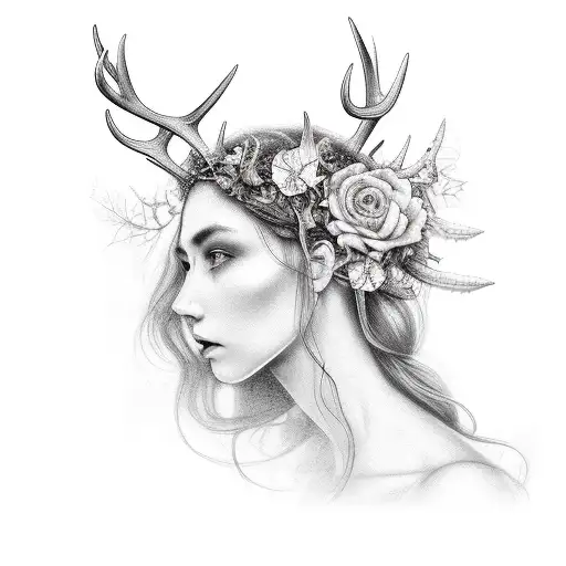 side profile pagan girl with antlers, tree vines and flowers tattoo design idea
