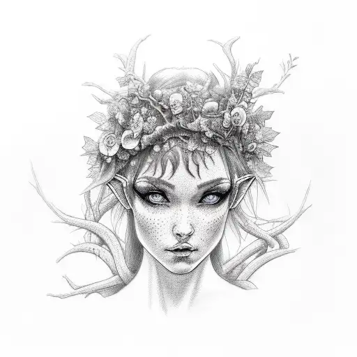 pagan elf girl with tree vines and flowers tattoo design idea