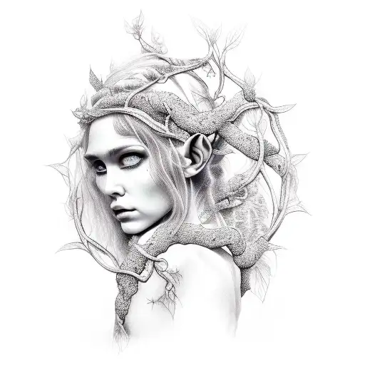 pagan elf girl with tree vines tattoo design idea