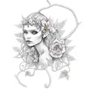 pagan elf girl with tree vines and flowers tattoo design idea