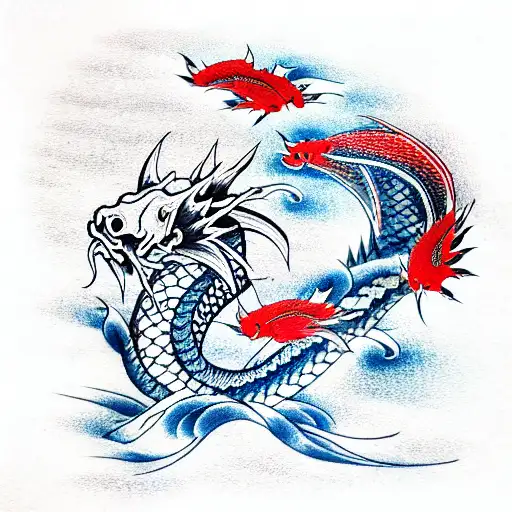 red and black dragon with koi fish and blue waves tattoo design idea