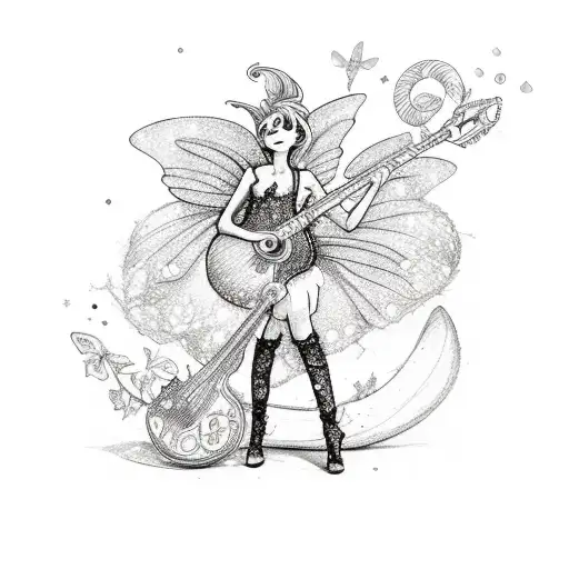 A whimsical fairy playing a pink guitar surrounded by candy tattoo design idea