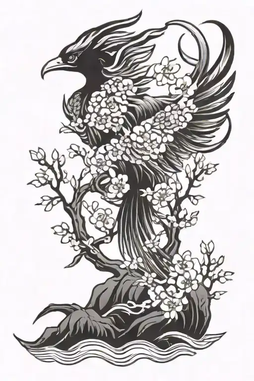 A phoenix rising from the water with intricate Japanese sakura tree  tattoo design idea
