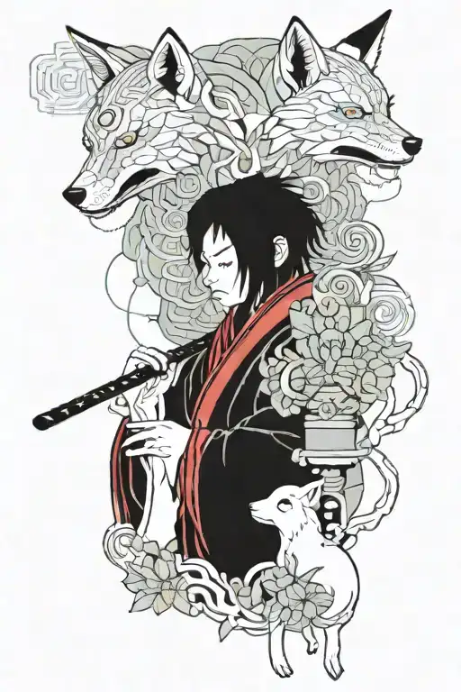Fujin blowing on a child in a kimono wearing a fox mask and a tanto in his hand. Izunami smokes in a misty forest behind tattoo design idea