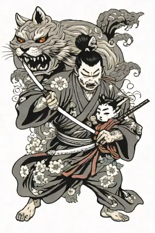 Fujin the god of wind blowing on a child in a kimono wearing a fox japanese mask and a small katana in his hand.   tattoo design idea