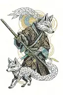 Fujin the god of wind blowing on a child in a kimono wearing a fox japanese mask and a small katana in his hand.   tattoo design idea