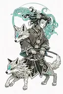 Fujin the god of wind blowing on a child in a kimono wearing a fox japanese mask and a small katana in his hand.   tattoo design idea
