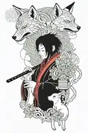 Fujin blowing on a child in a kimono wearing a fox mask and a tanto in his hand. Izunami smokes in a misty forest behind tattoo design idea