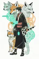Fujin blowing on a child in a kimono wearing a fox mask and a tanto in his hand. Izunami smokes in a misty forest behind tattoo design idea