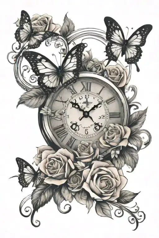 clock, pink ribbon, roses, butterfly tattoo design idea