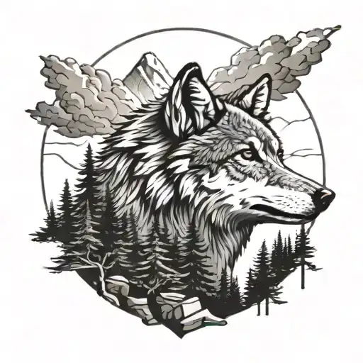 realistic wolf in forest and mountain setting tattoo design idea