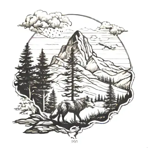 realistic tattoo with mountains in bacground with trees in foothills and wolf chasing its tail tattoo design idea