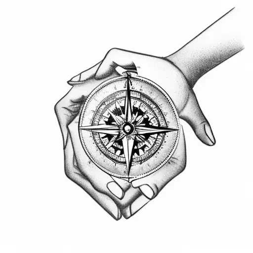 A pair of hands holding a compass with mountains and trees in the background tattoo design idea