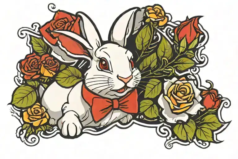 White cartoon rabbit with red rose tattoo tattoo design idea