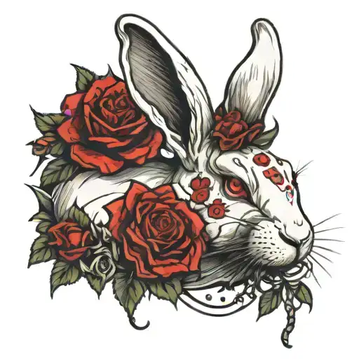 gangster, white rabbit with red roses and thorns tattoo design idea