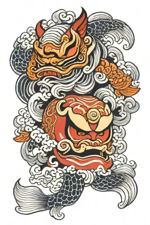 daruma doll and oni mask and koi fish tattoo design idea