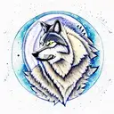 peaceful wolf, moon background, wisdom tattoo design idea