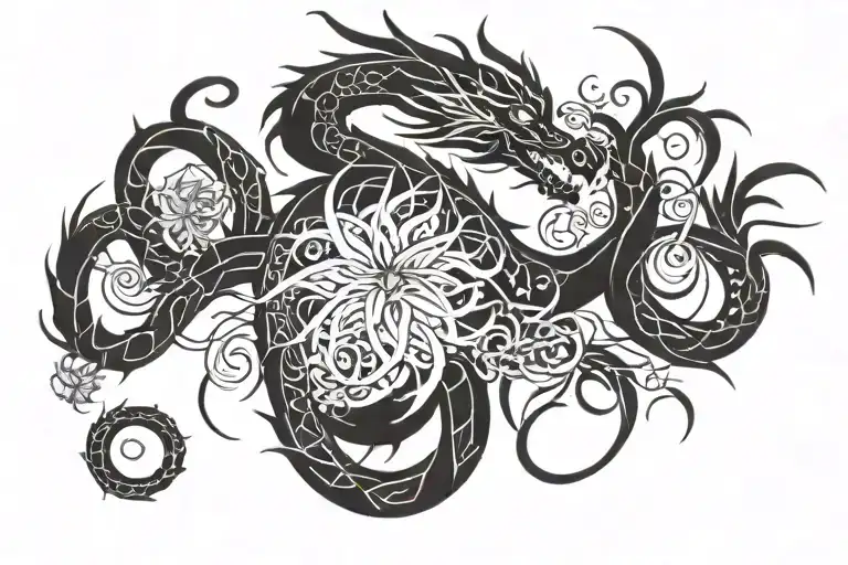 dragon with spider lilies intertwined tattoo design idea