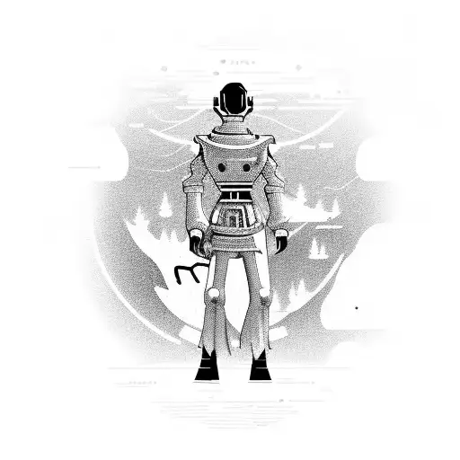 A futuristic anime character with cybernetic enhancements exploring a medieval castle in a desert landscape tattoo design idea