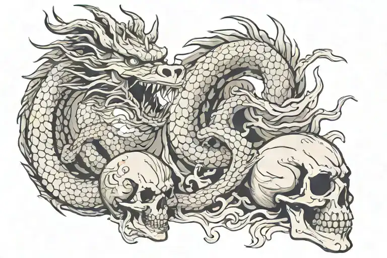 japanese dragon and a skull with moon in the back ground tattoo design idea