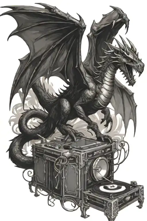 Evil black dragon with wings opened creating a shelter with a dj and turntables between  the wings infront of dragon  tattoo design idea