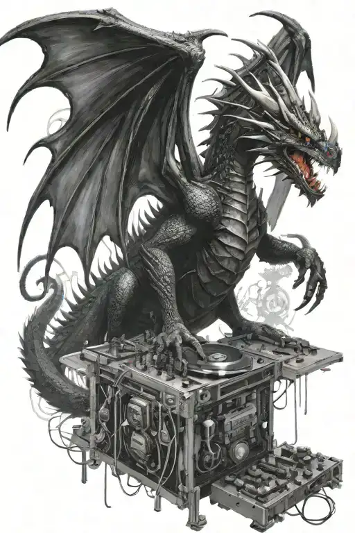 Evil black dragon  creating a shelter with a dj and turntables and mixer  between  the wings infront of dragon  tattoo design idea