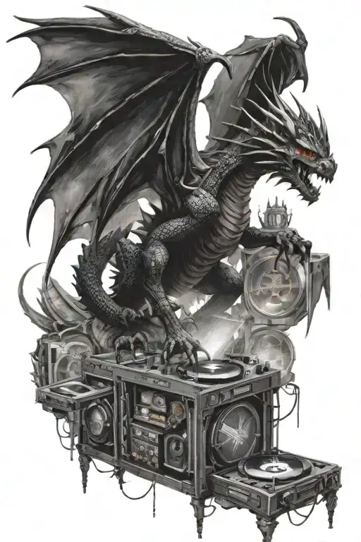 Evil black dragon with wings opened creating a shelter with a dj and turntables between  the wings infront of dragon  tattoo design idea