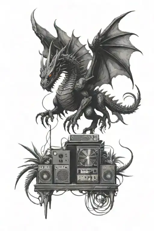 Evil black dragon  creating a shelter with a dj and turntables and mixer  between  the wings infront of dragon  tattoo design idea