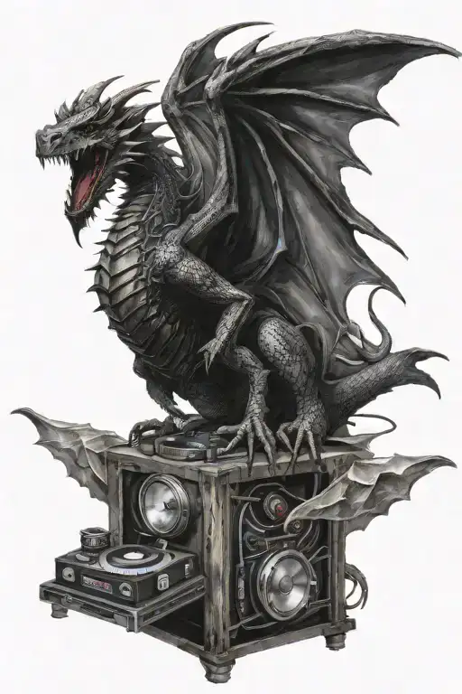 Evil black dragon with wings opened creating a shelter with a dj and two turntables and a mic inbetween the wings infron tattoo design idea